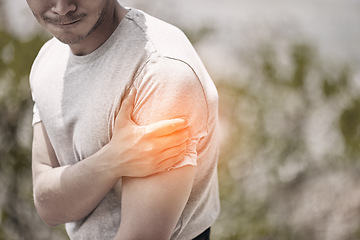 Image showing Arm, muscle or pain injury of man during fitness, workout or outdoor exercise with nature bokeh. Overlay CGI of young sports athlete guy for medical insurance, healthcare emergency or inflammation