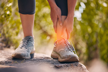 Image showing Athlete, ankle and joint injury on nature walk workout with muscle cramps and strain close up. Inflammation, pain and physical trauma to body while trekking outdoors in park for fitness.