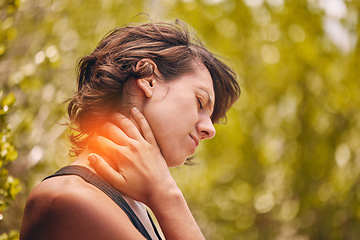 Image showing Woman, injury and neck pain from a workout with muscle strain and inflammation in body part. Arthritis, accident or fitness exercise joint tension from intense outdoor physical activity.