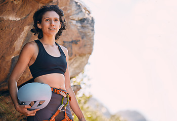 Image showing Hiking, adventure and rock climbing woman on mountain for fitness, wellness or healthy lifestyle goals, mission and portrait. Mountaineering professional athlete with safety gear, nature and mockup