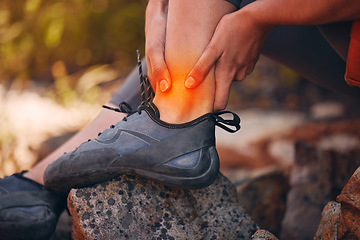 Image showing Ankle, pain and injury with a hiker suffering with a sprain, fracture or swelling of a leg or foot joint. Overlay and special effects with the hands of a male holding a sore muscle and hiking outside