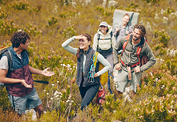 Image showing Group hiking, nature travel and guide in communication with friends on holiday in countryside of Peru, freedom on walk for fitness and happy on vacation. People talking while climbing mountain