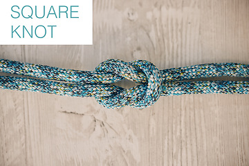 Image showing Square knot, rope texture and cable band for hiking, climbing and secure line safety. Abstract background zoom wrap thread link, strong loop and survival nylon connection, design and string pattern