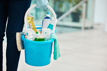 Image showing Cleaning container products with cleaner person hand in a office building or corporate business. Service worker scrub, gloves and liquid soap for disinfectant, sanitize and hygiene in the workplace