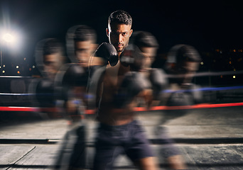 Image showing Boxing exercise, fast training and boxer motivation for fitness workout, sport wellness for health and power for competition fight at gym. Portrait of athlete man moving for sports and cardio in ring