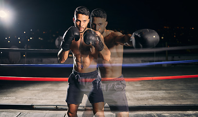 Image showing Fitness, boxing and boxer in the ring training, exercise and punching with energy and power in a workout portrait. Action, performance and healthy man fighting to be a young sports champion athlete