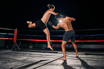 Image showing Mma, muay thai and fight with a boxing coach and training for health, fitness and sport exercise in a ring at the gym. Workout, sports and cardio in a fighter match fighting for health and cardio