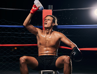 Image showing Boxing athlete with water bottle, tired after workout, training or exercise in a ring. Professional boxer rest and hydrate after fitness mma, muay thai or fighting practice, match and fight