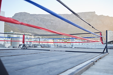 Image showing Outdoor, sports and empty boxing ring in the city for a wrestling competition for athletes or boxers. Outside martial art corner in the street for fitness, workout and exercise fights in south africa