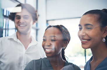 Image showing Business people planning, collaboration and idea on glass board for innovation idea or company success. Happy corporate worker teamwork, career goal and brainstorming strategy in project management