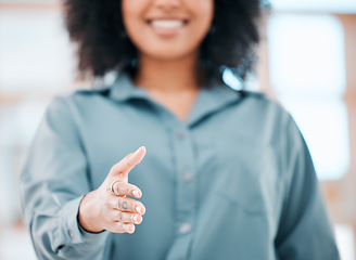 Image showing Welcome, thank you and deal handshake by business woman with goal or vision for b2b partnership. Coaching, training and leader offer success with mission or target, excited for innovation and change