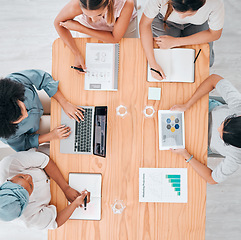 Image showing Overhead, finance, planning and business people in financial meeting, discussing growth and data in an office. Thinking, vision and savings by diverse employee collaboration on budget and development