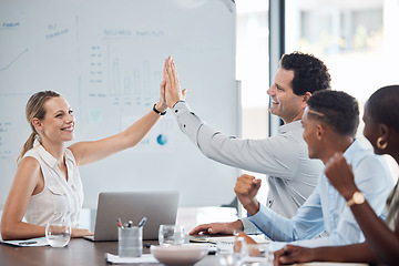 Image showing Business people meeting with high five for success, teamwork and goal achievement or target in finance. Motivation, support or winning hands of accountant teamwork group happy with company profit