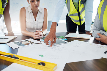 Image showing Construction, blueprint and planning with architect in meeting for consulting, project management and vision. Design, engineering and construction site plans with team of designers or contractors