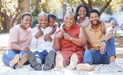 Image showing Big family portrait, black people and children, grandparents at outdoor park, picnic or get together. Hug and love of African mother, father and kids with senior grandmother and grandfather in Africa
