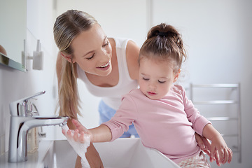 Image showing Bathroom, clean and washing hands with child and mother teaching hygiene with running tap water in basin. Family, health and protection against virus with mom and baby learning a cleaning routine