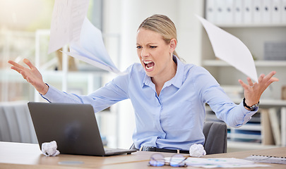 Image showing Angry business woman throwing paperwork documents in stress, frustrated and 404 laptop glitch in office. Entrepreneur screaming in anger with internet problem, burnout crisis and tax audit mistake