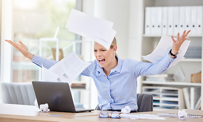 Image showing Woman, laptop and stress with flying paper, anxiety and burnout with 404 technology glitch in a business office. Angry, frustrated worker and shouting employee with target audience research documents