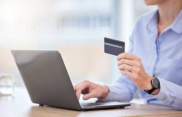 Image showing Ecommerce, credit card and business woman with laptop doing online payment, checking digital bank app or online shopping. Finance, fintech and credit score with a corporate accounting person hands