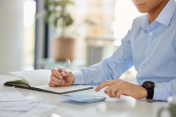 Image showing Investment, calculator and writing by financial advisor planning budget and savings in a corporate office. Thinking, banking and finance by man working on money growth and investment accounting