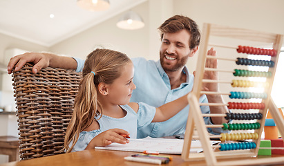 Image showing Learning, child and homework with father and daughter giving high five to celebrate achievement, development and support while sitting st home. Happy man help an elementary girl with her math work