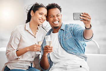 Image showing Couple selfie, luxury boat cruise and champagne wine glass celebration for anniversary, honeymoon and love in Miami Florida. Happy man, smile woman and yacht party photos, travel and summer sea relax