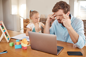 Image showing Education, homeschooling and headache with annoyed father helping his girl in an online distance learning class on laptop. Unhappy parent and child argue, angry about fail report and learning problem