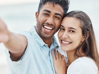 Image showing Love, happy and smile for selfie couple enjoy quality time on romantic outdoor date or holiday vacation. Romance, photo memory or relationship portrait of Indian man and girl relax, freedom and peace