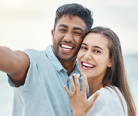 Image showing Couple selfie for love engagement, marriage and smile on romantic partnership and trust vacation or holiday to Greece. Save the date, proposal and freedom or peace for happy man and woman portrait