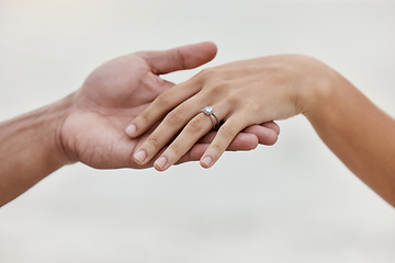 Image showing Engagement ring, hands and proposal of engaged couple romantic marriage celebration. Zoom on diamond jewelry finger for love, save the date and announcement of special occasion in commitment together