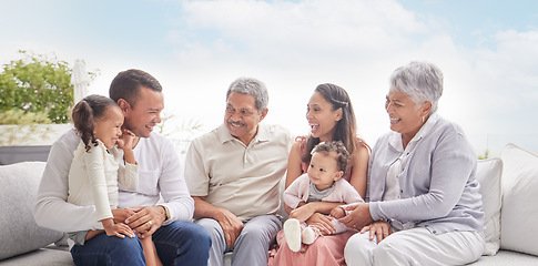 Image showing Happy family with children and grandparents talking, communication and conversation on couch outdoor in family home. Big family of elderly retirement people, love and young kids smile together