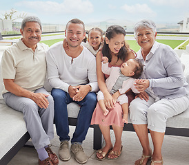 Image showing Family, happy parents and grandparents in garden at home and kids with mother, dad and grandma and grandpa with smile in summer. Face portrait of children together in garden with people