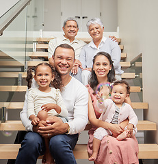 Image showing Big family, three generation and happiness of children, parents and grandparents sitting together on stairs in their home while smiling. Bond, support and closeness of kids with man and woman