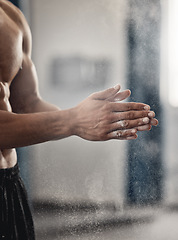 Image showing Strong man, powder hands and dust for exercise challenge, gym club workout and fitness training. Zoom of healthy bodybuilder, clapping chalk grip and sports athlete motivation for performance power