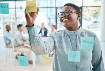 Image showing Planning, writing and sticky notes with business woman in strategy, marketing or vision meeting in corporate company. Idea, post it, and creative black woman working on moodboard or brainstorming