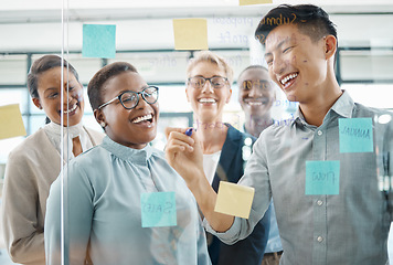 Image showing Planning meeting, sticky note idea and business people working on global marketing strategy, teamwork for innovation and collaboration for future goal. Happy employees writing startup vision on glass