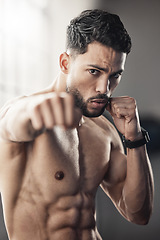 Image showing Boxing fist, strong man portrait and fitness power of mma fighter, sports athlete and gym training. Hand, muscle and workout of martial arts, sexy bodybuilder and champion boxer impact in speed focus