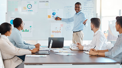 Image showing Presentation, team and business man corporate speaker working with marketing staff in a office. Working, teamwork communication and leadership of businessman worker in a advertising chart meeting