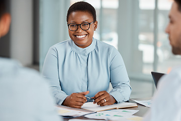 Image showing Planning meeting, business partnership and black woman with smile for marketing team strategy, work communication and happy with office collaboration. African manager talking to employees at company