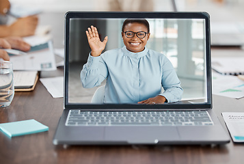 Image showing Laptop, video call or zoom conference with black woman, leader or business meeting mentor in training, presentation or workshop. Happy smile or greeting waving on internet interview or office webinar