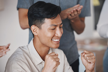 Image showing Success, motivation and winning hand sign with business people victory celebration in an office together. Asian man closeup of happy expression, feeling like a winner after good feedback or proposal