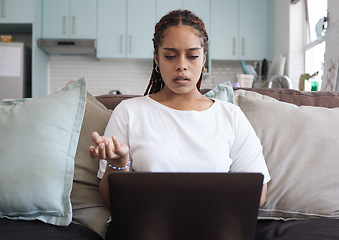 Image showing Confused business woman with laptop online 404 error, technology fail or network connection in her home. Young entrepreneur with digital problem, email mistake or job stress working on pc and sofa