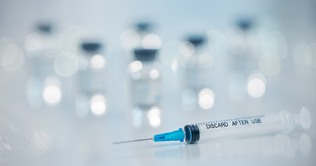 Image showing Covid vaccine needle for botox, medical pharmaceutical drugs or cancer medicine in corona virus research laboratory or pharmacy, Needle for healthcare, hospital or clinic innovation background