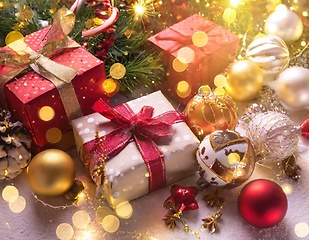 Image showing christmas presents wrapped with bows under the xmas tree generat