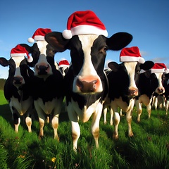 Image showing cows in the field wearing christmas hats generative ai