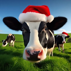 Image showing cow in the field wearing santa hat generative ai