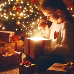 Image showing young child opening a wondrous glowing gift on christmas morning generative ai