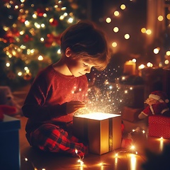 Image showing young child opening a wondrous glowing gift on christmas morning generative ai
