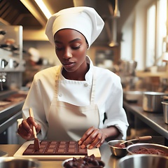 Image showing female chocolatier pastry chef working on fine chocolates in kitchen generative ai