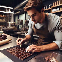 Image showing chocolatier pastry chef working on fine chocolates in kitchen ge